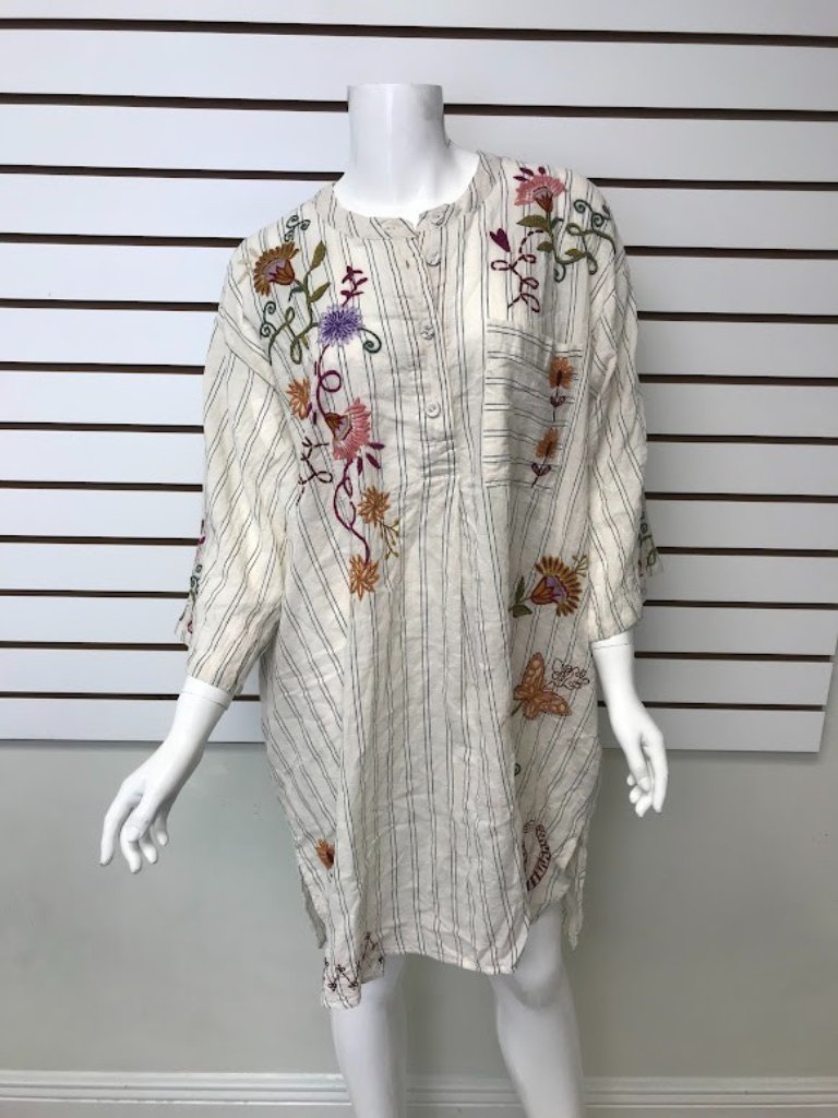 Nwt Johnny Was Toni Smocked Cuff Striped Floral Embroidered Tunic Dress Xl
